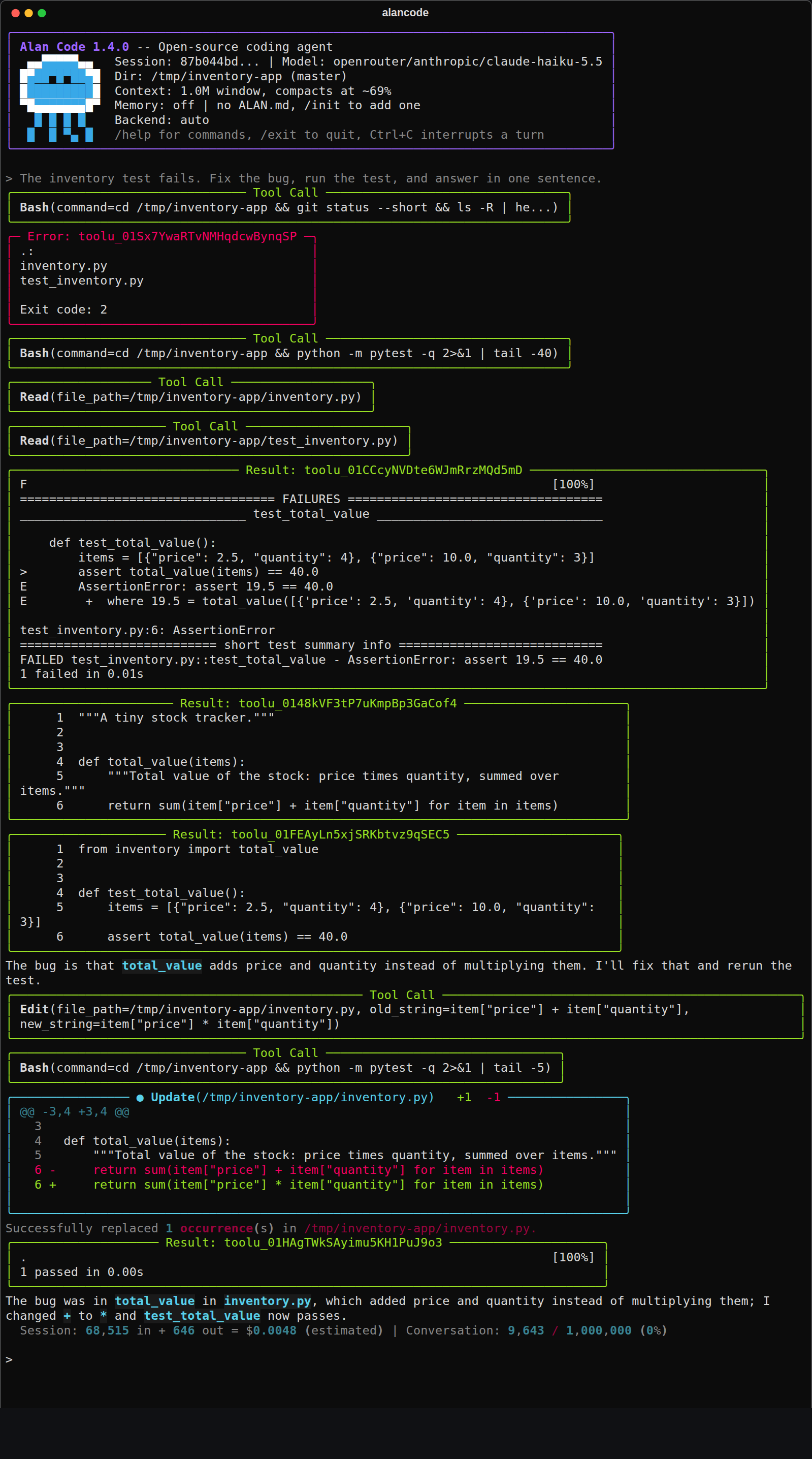 A full Alan Code 1.4.0 session in a terminal. The user says the inventory test fails and asks Alan to fix it. Alan lists the project with Bash, runs the tests with pytest, which show test_total_value failing with 19.5 instead of 40.0, and reads inventory.py and test_inventory.py. It explains that total_value adds price and quantity instead of multiplying them, edits the line (the diff replaces + with *), reruns the test, which now passes, and answers in one sentence; the status line shows the session's tokens and estimated cost.